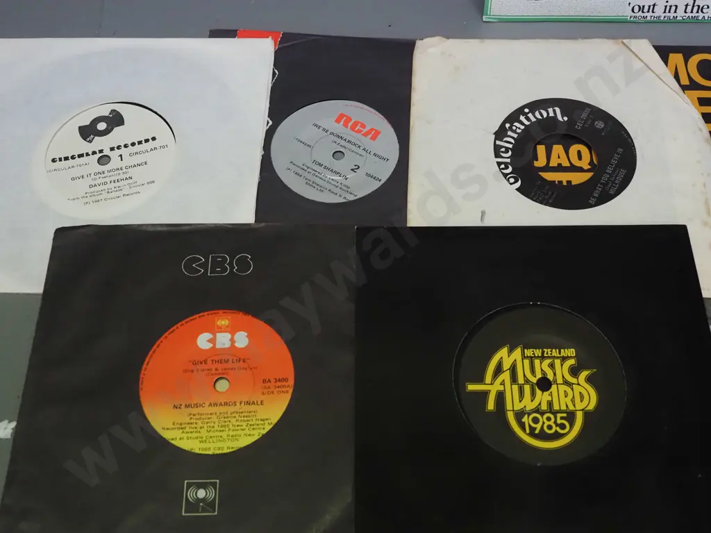14x 45 RPM singles - assorted NZ artists, Give Them Life fundraisers, 1985 NZ Music Awards w/invitation etc Image 1++