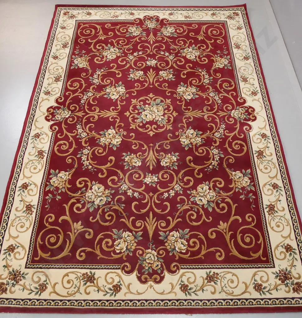 Belgian polyolefin floor rug - dark red, ivory and gold traditional floral spray pattern L-2310 W-1610 Image 1++