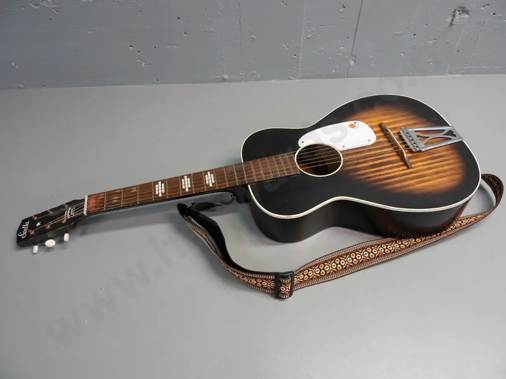 retro (3/4 size?) Stella steel string guitar marked Reinforced Neck - Made in USA - some wear to finish and frets, some Image 1++
