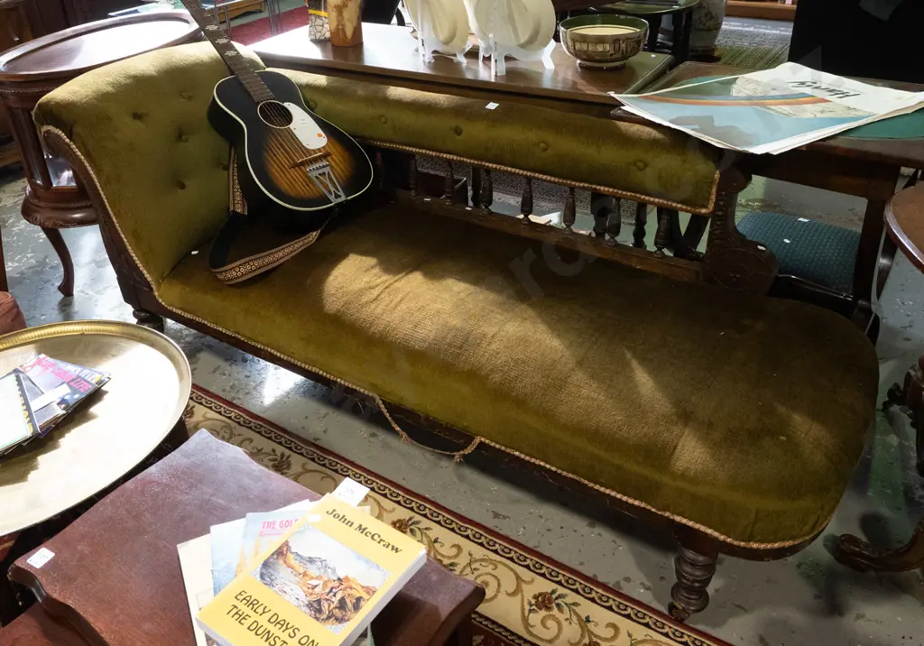 Victorian green velvet and braided deep buttoned upholstered spindle back chaise longue on casters Image 1++