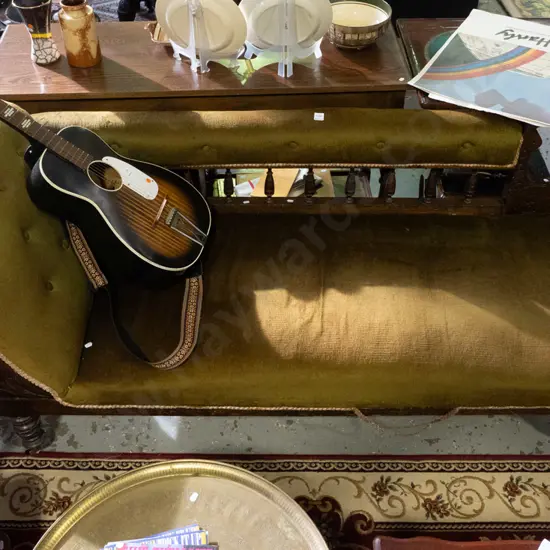 Victorian green velvet and braided deep buttoned upholstered spindle back chaise longue on casters