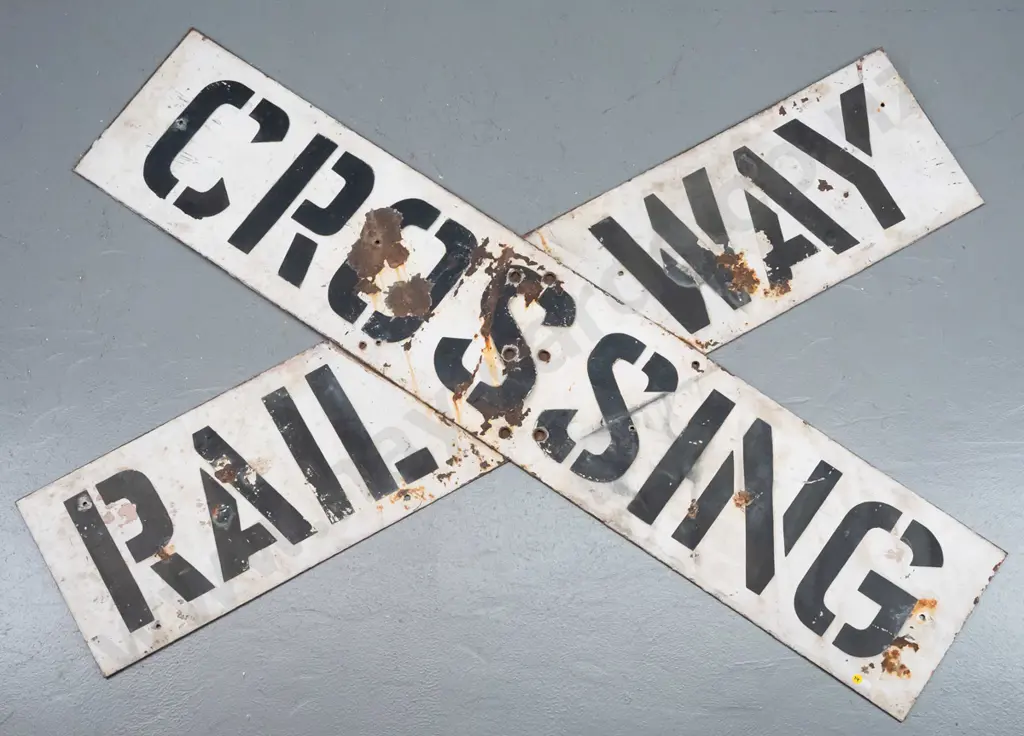 vintage tin and enamel 2 part railway crossing sign - each H-310 W-1530 (some corrosion) Image 1++