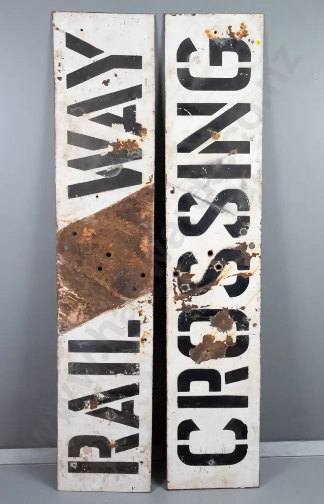 vintage tin and enamel 2 part railway crossing sign - each H-310 W-1530 (some corrosion) Image 1++