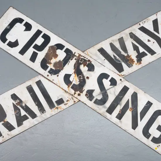 vintage tin and enamel 2 part railway crossing sign - each H-310 W-1530 (some corrosion)