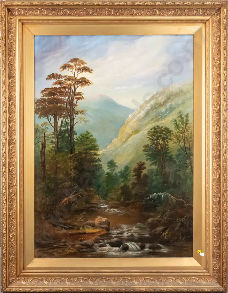 ornate gilt framed colonial oil on canvas - bush and stream scene - some crazing and signs of age Image 1++
