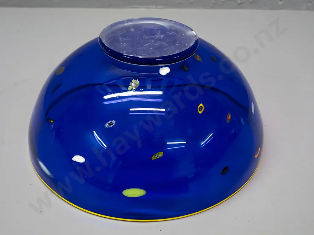 Gary Nash art glass bowl - cobalt blue with yellow rim and millefiore style ornaments H-125 D-275 Image 1++
