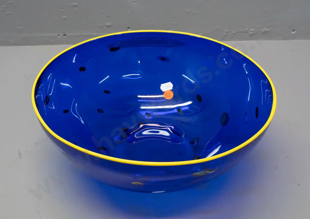 Gary Nash art glass bowl - cobalt blue with yellow rim and millefiore style ornaments H-125 D-275 Image 1++