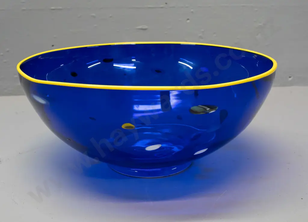 Gary Nash art glass bowl - cobalt blue with yellow rim and millefiore style ornaments H-125 D-275 Image 1++