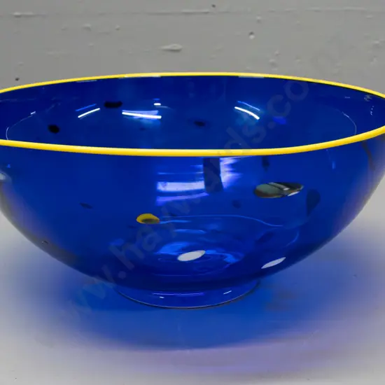 Gary Nash art glass bowl - cobalt blue with yellow rim and millefiore style ornaments H-125 D-275