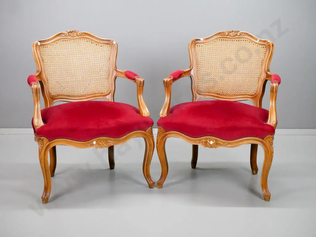 vintage reproduction French style open-armed armchairs with woven cane back, carved arms and legs H830 W620 D560 Image 1++