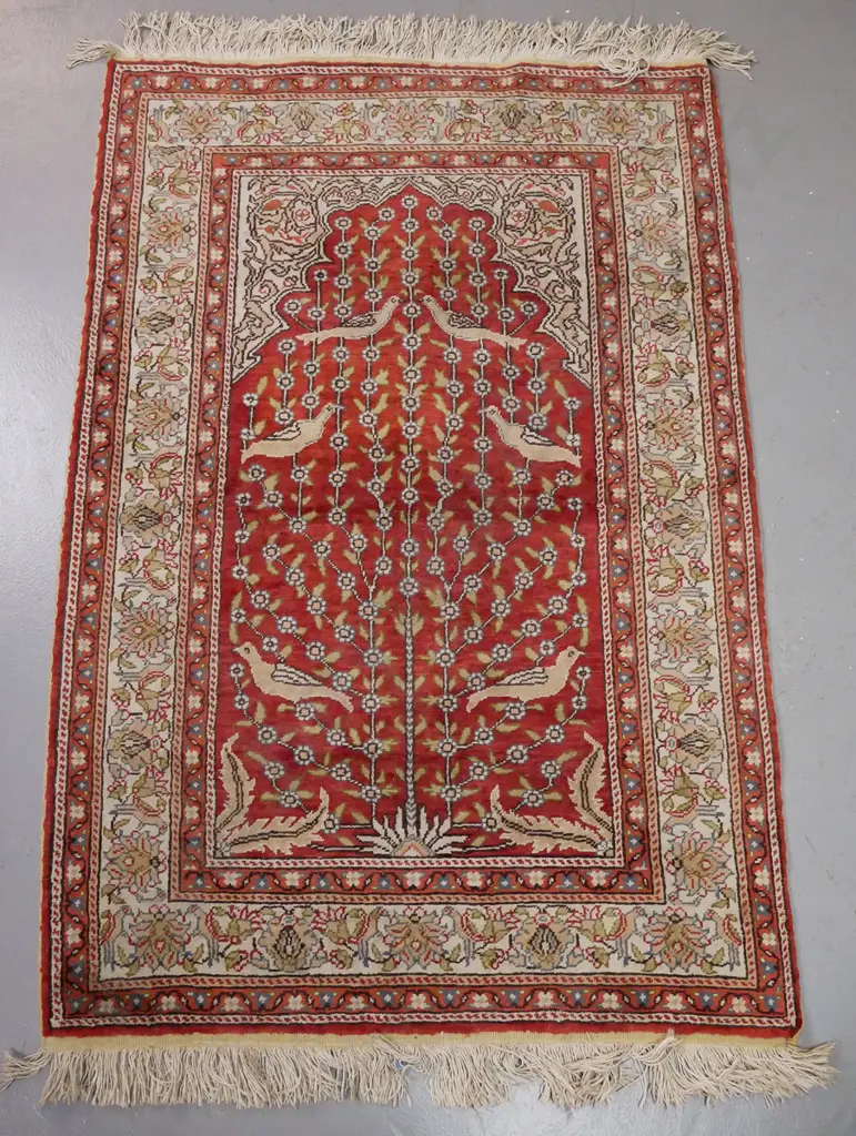 Persian style wool floor rug or large prayer rug with arched bird and lotus panel - orange-red and beige-brown tones - Image 1++