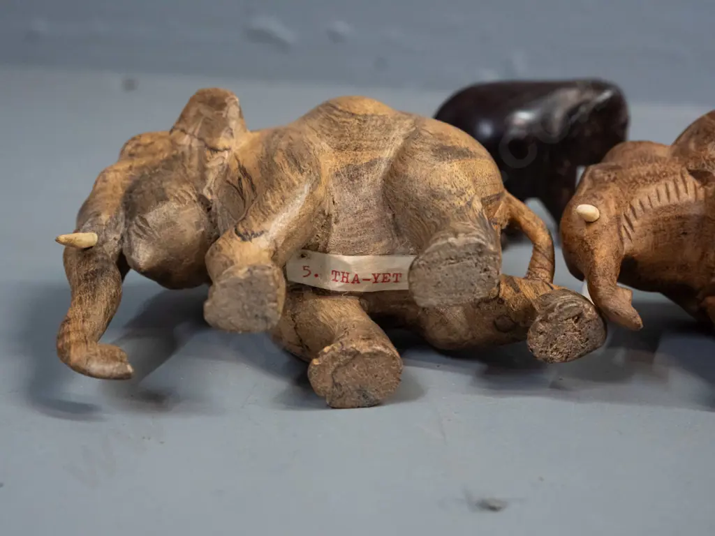 7 small carved teak, ebony and other hardwood elephants - one missing one tusk. Largest is H-95 L-110 Image 1++