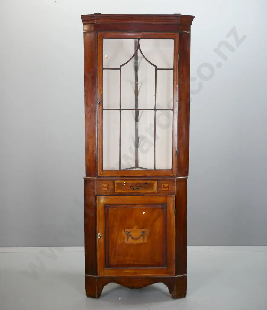 mahogany late Georgian Adams-style corner cupboard w/ ebony and boxwood stringing, astragal glazed top cupboard, bone Image 1++
