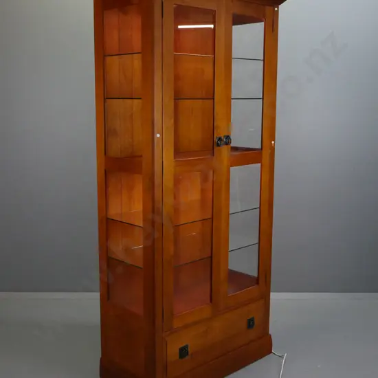 New Zealand made colonial style tall 2-door illuminated display cabinet with glazed sides, 4 glass adjustable and