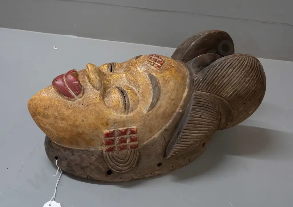 painted carved wooden mask - Punu people, Gabon, Africa - some historic borer holes H-440 W-230 Image 1++