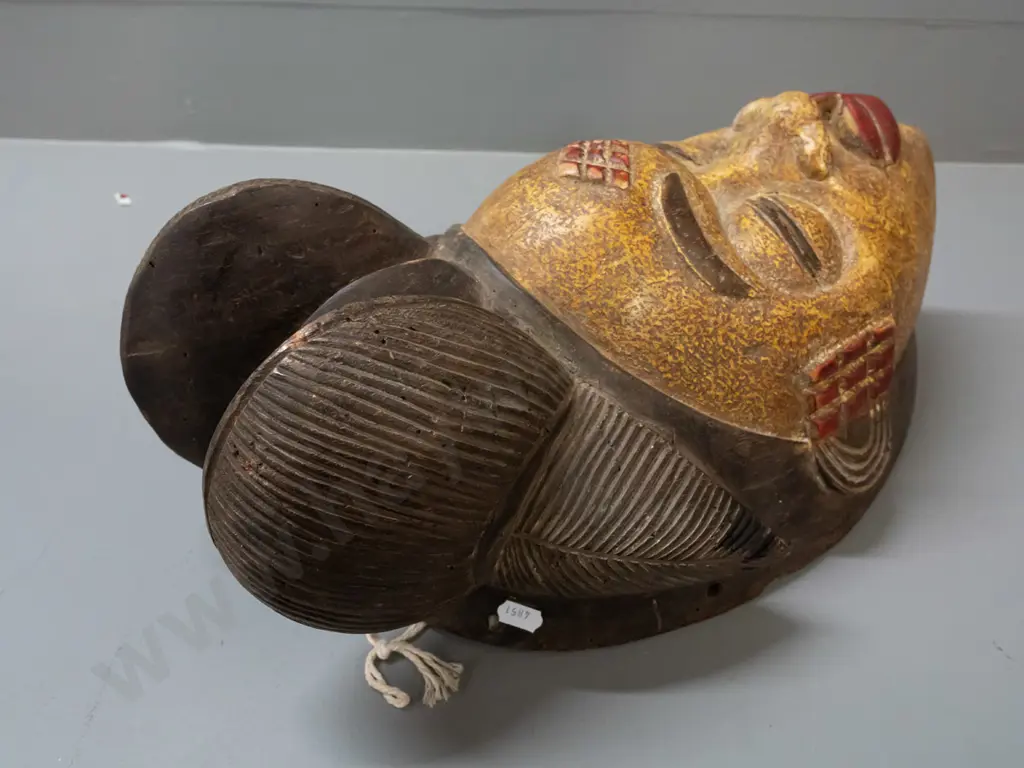 painted carved wooden mask - Punu people, Gabon, Africa - some historic borer holes H-440 W-230 Image 1++