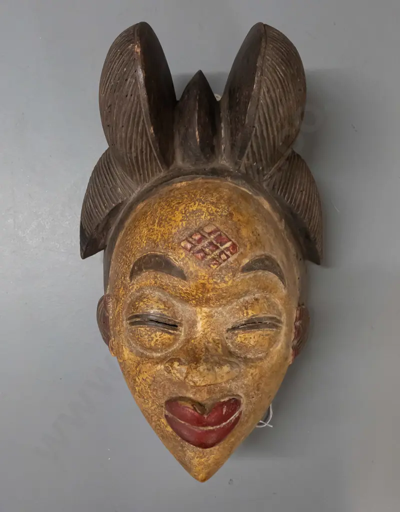painted carved wooden mask - Punu people, Gabon, Africa - some historic borer holes H-440 W-230 Image 1++