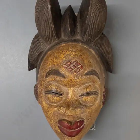 painted carved wooden mask - Punu people, Gabon, Africa - some historic borer holes H-440 W-230