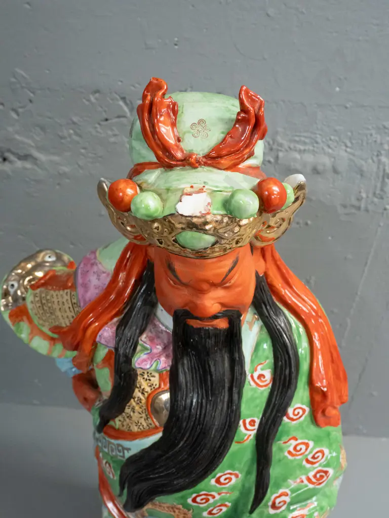 large Chinese heavy porcelain warrior figure with loose timber handled ceremonial staff - one hand loose, some chips and Image 1++