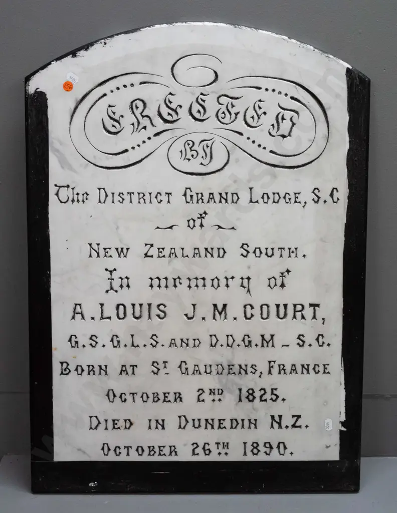 large marble memorial plaque - District Grand Lodge NZ South / in memory A. Louis J.M. Court - died 1890 in Dunedin Image 1++