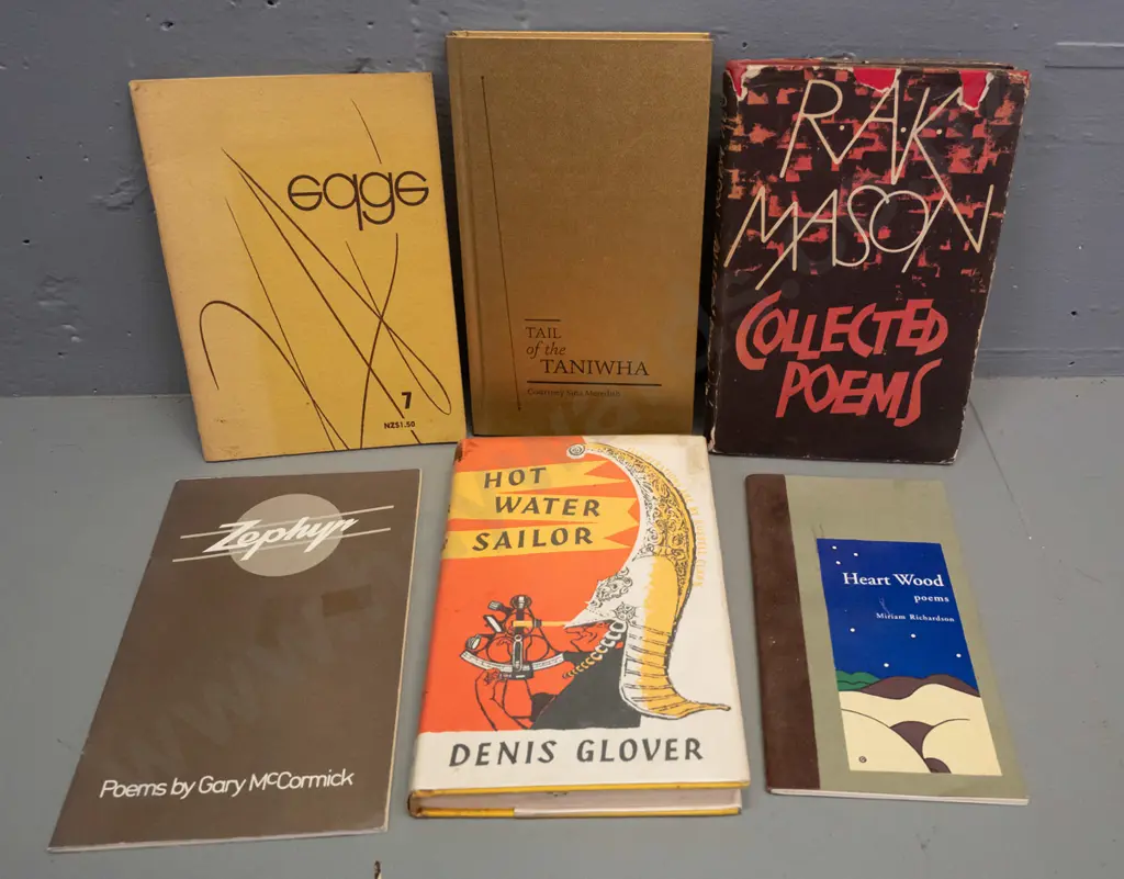 6 New Zealand poetry books & publications - Denis Glover autobiography, R.A.K. Mason, Miriam Richardson, Gary Image 1++