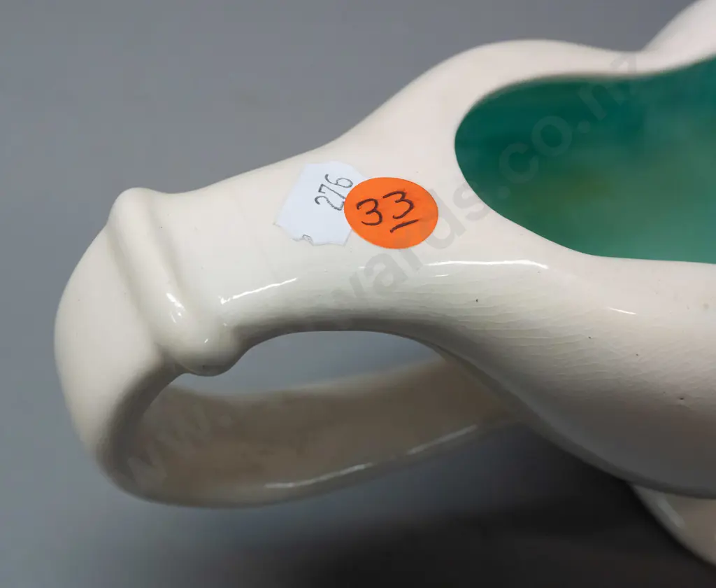 O.C. Stephens double-handled trough vase - cream glaze outer with turquoise inside. Hairline crack around one top of one Image 1++