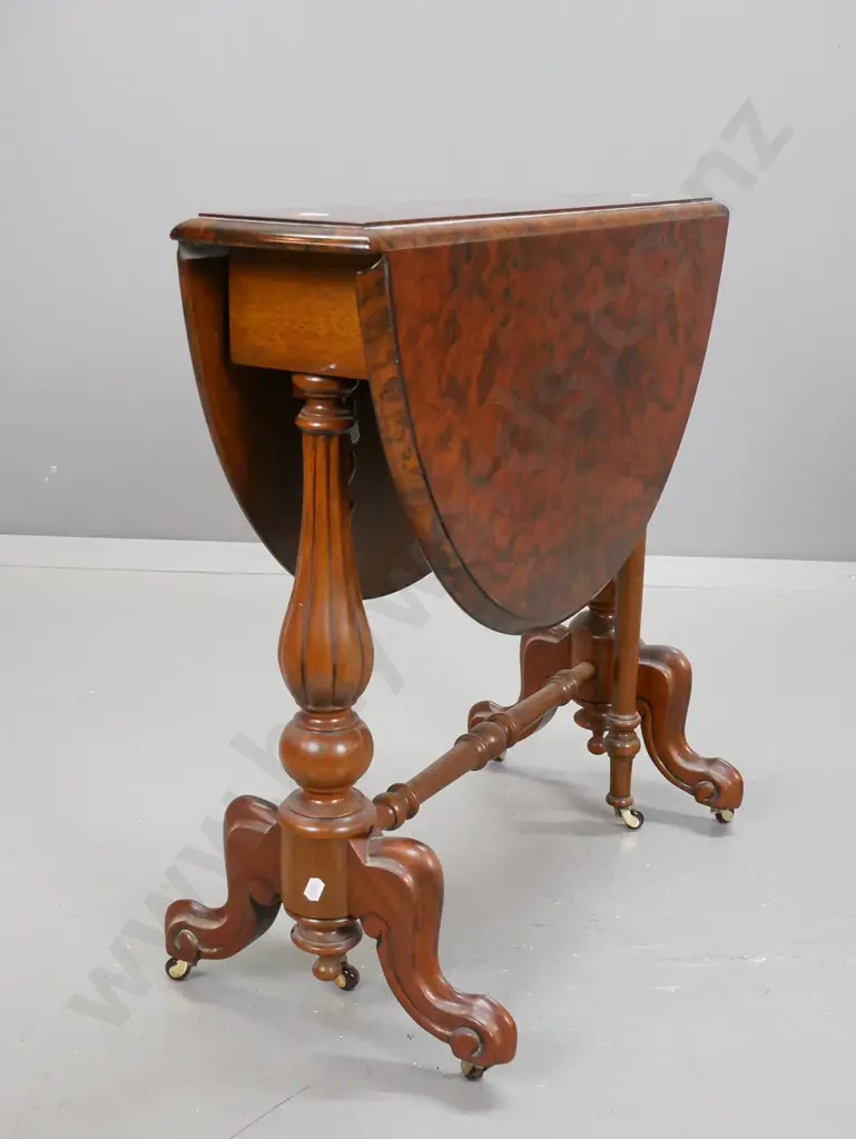 reproduction walnut topped Sutherland drop-leaf table with turned stretcher base on porcelain casters H-600 L-740 with Image 1++
