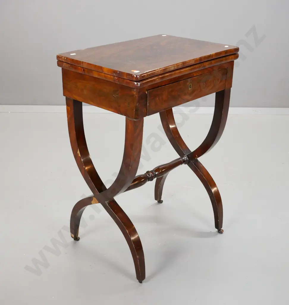 Regency flame mahogany swivel top games/work table, top with oval baize panel & tooled leather edge, frieze drawer, Image 1++