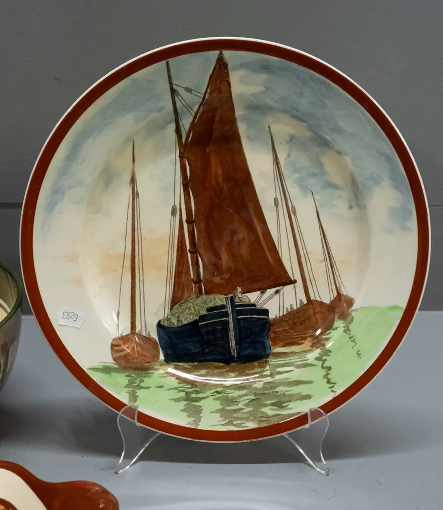 4 pieces Royal Doulton - sandwich tray, plate and bowl with cat & cottage design, and a plate with yacht design D-265. Image 1++