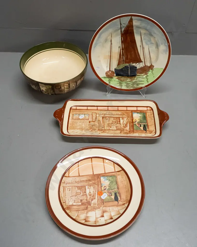 4 pieces Royal Doulton - sandwich tray, plate and bowl with cat & cottage design, and a plate with yacht design D-265. Image 1++