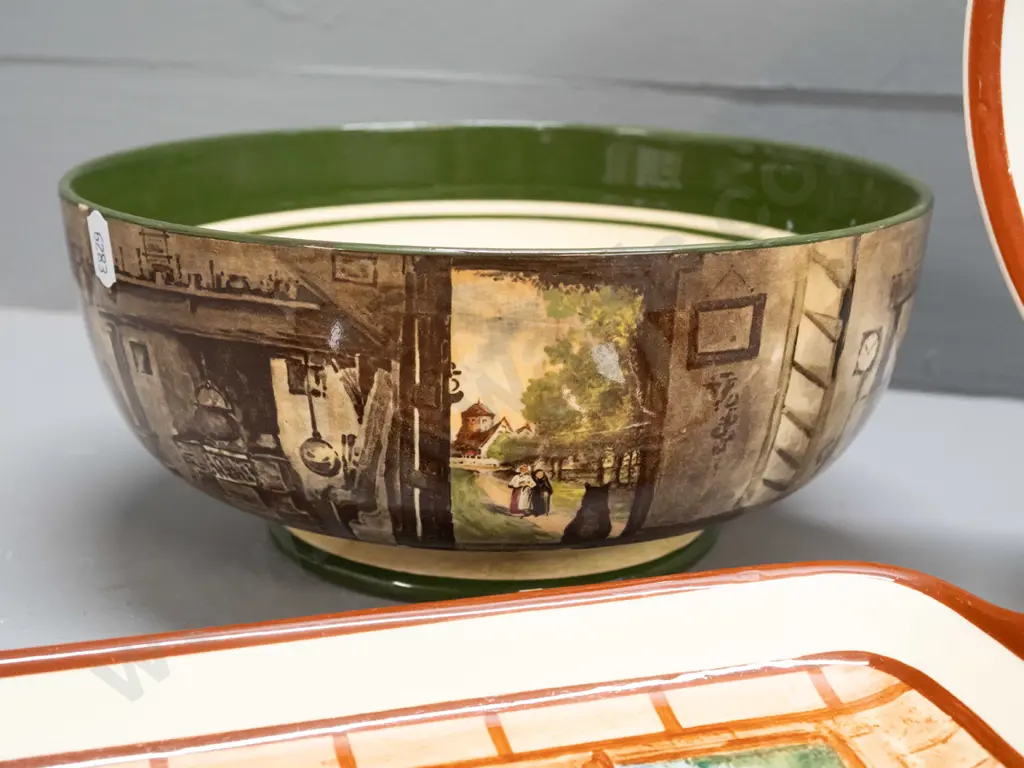 4 pieces Royal Doulton - sandwich tray, plate and bowl with cat & cottage design, and a plate with yacht design D-265. Image 1++