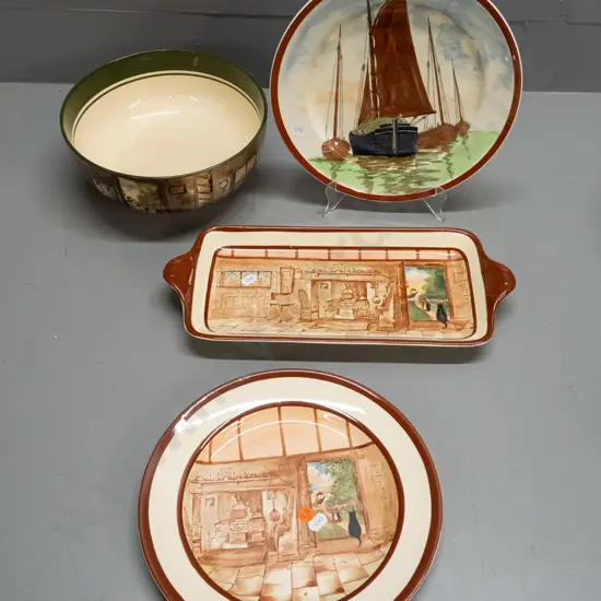 4 pieces Royal Doulton - sandwich tray, plate and bowl with cat & cottage design, and a plate with yacht design D-265.