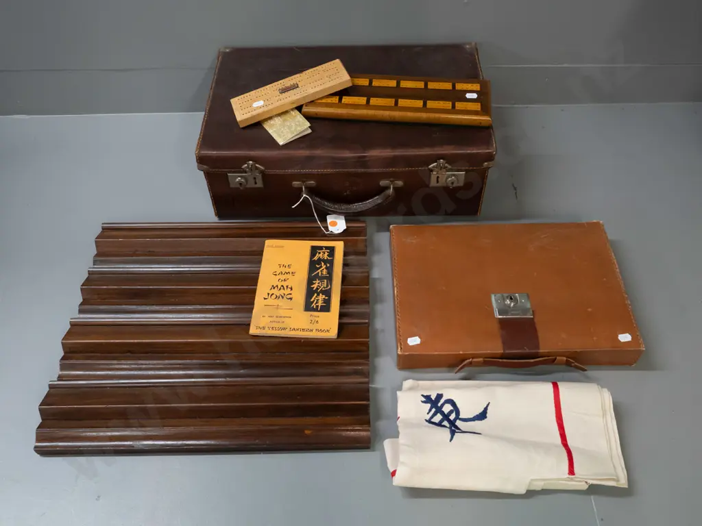 vintage mahjong set with leather cased set of pieces and counters, 4 (mahogany?) racks and embroidered linen playing Image 1++