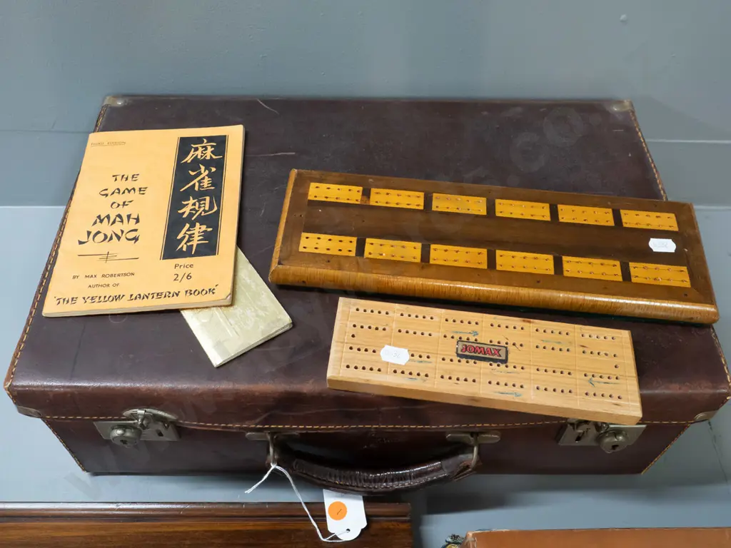 vintage mahjong set with leather cased set of pieces and counters, 4 (mahogany?) racks and embroidered linen playing Image 1++