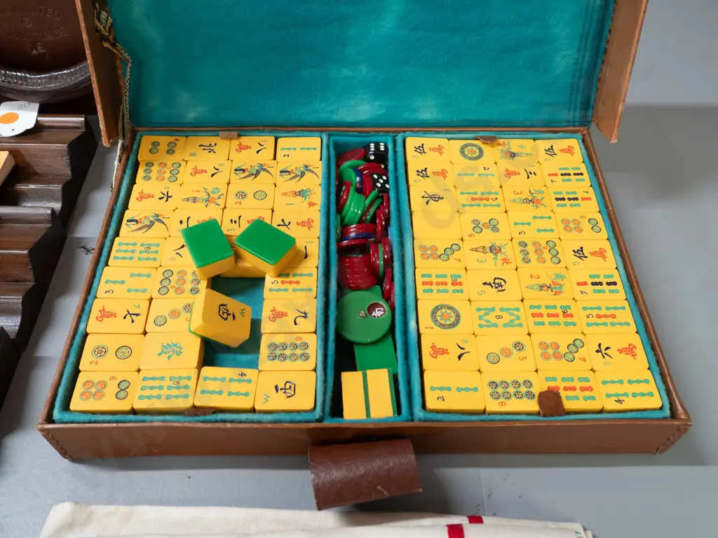 vintage mahjong set with leather cased set of pieces and counters, 4 (mahogany?) racks and embroidered linen playing Image 1++