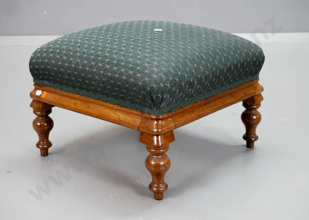 Victorian mahogany turned-leg upholstered foot-stool - repaired crack to one side H-280 W-400 D-400 Image 1++