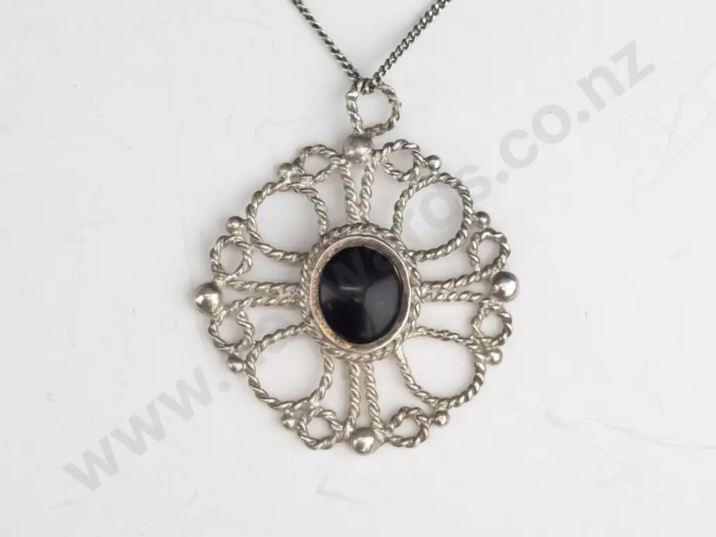 silver necklace with black stone stamped silver Image 1++