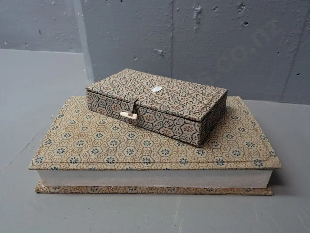 2 Chinese painting / desk sets in fabric covered cases, w/ various porcelain containers, brushes, pallette, soapstone Image 1++