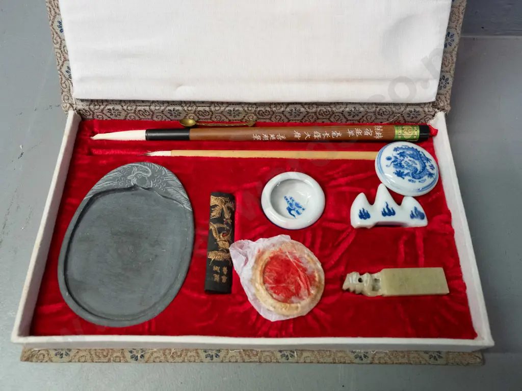 2 Chinese painting / desk sets in fabric covered cases, w/ various porcelain containers, brushes, pallette, soapstone Image 1++