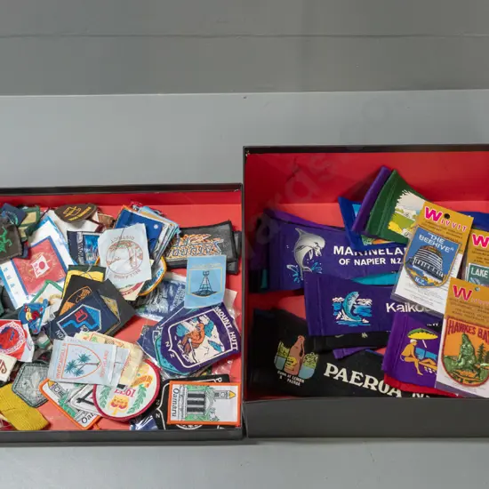 assorted Scout, Guide and NZ locales cloth badges and pennants
