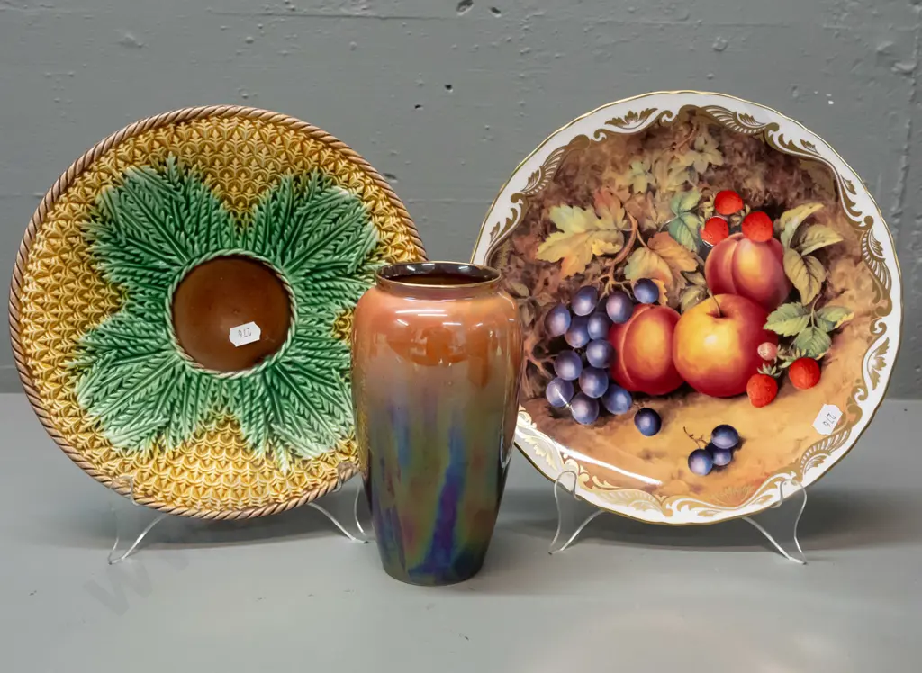 Royal Worcester fruit still life display plate D-250, majolica plate and a Grimwades Byzanta lustre vase Image 1++