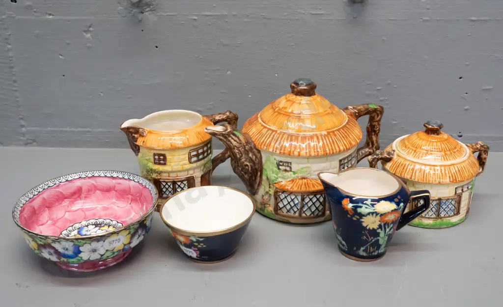 Beswick cottage teapot, jug and lidded sugar bowl, a Maling pink thumbprint footed bowl and 2 Grimwades pieces - jug and Image 1++