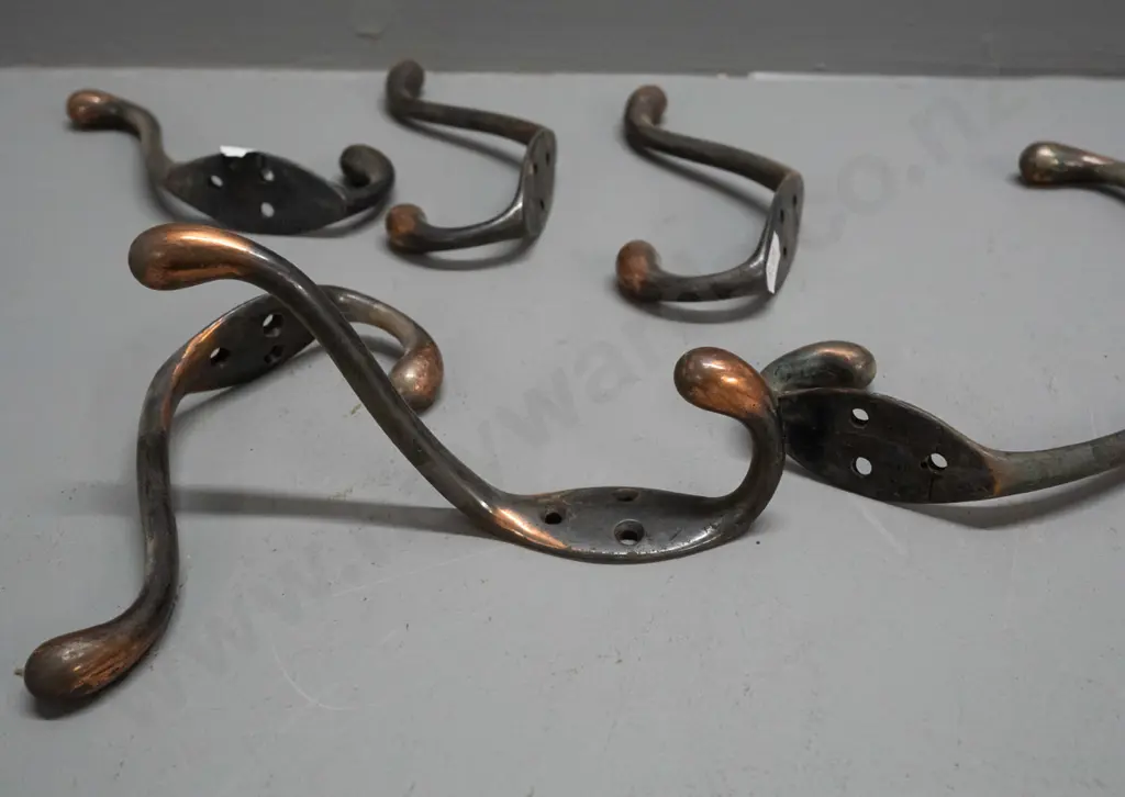 8 vintage cast metal copper finish double coat hooks - minor surface corrosion H-140 D-80 Image 1++