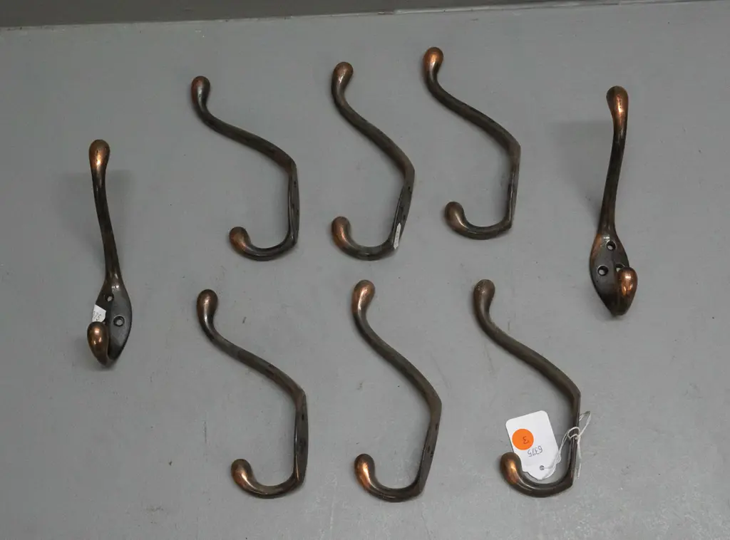 8 vintage cast metal copper finish double coat hooks - minor surface corrosion H-140 D-80 Image 1++