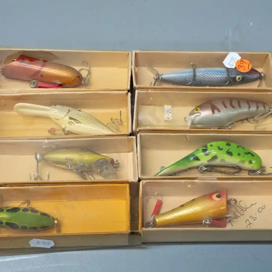 8 vintage boxed "popper" fishing lures - one marked Otter Medium Ben, unsure if timber or composite