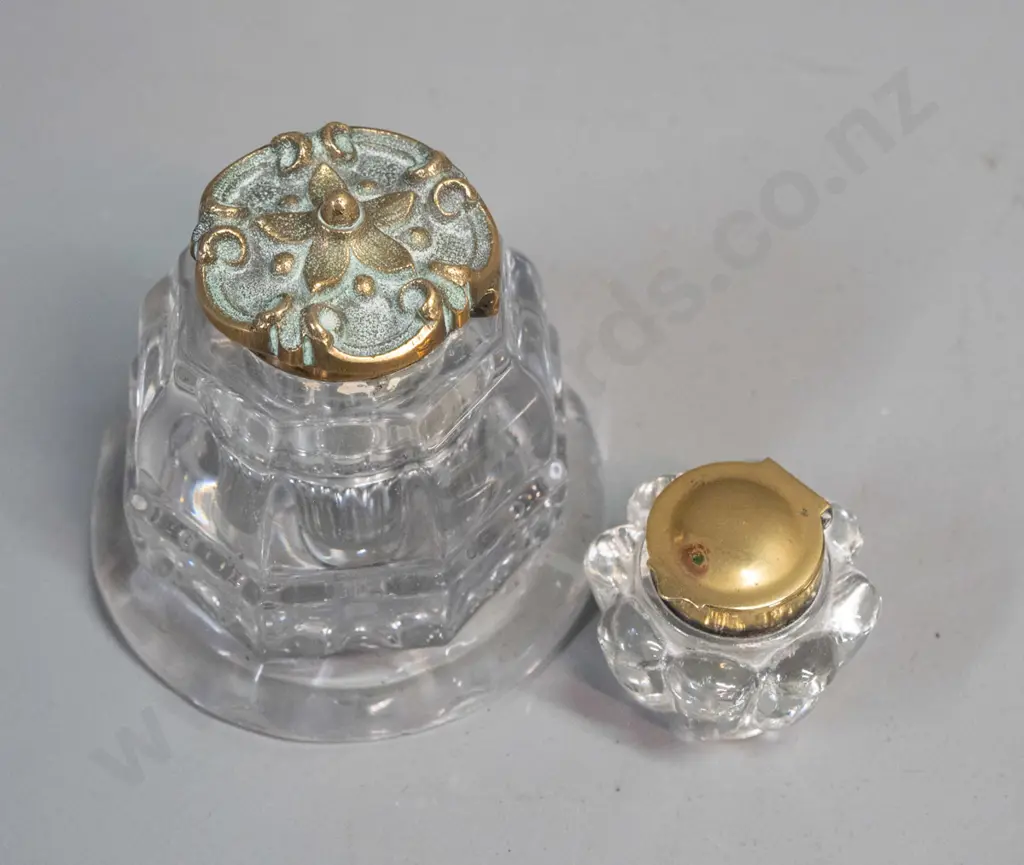 plated chamber stick and 2 cut glass inkwells with hinged brass lids. Chamber stick has some wear to plating, one bent Image 1++