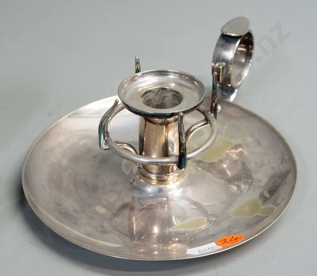 plated chamber stick and 2 cut glass inkwells with hinged brass lids. Chamber stick has some wear to plating, one bent Image 1++