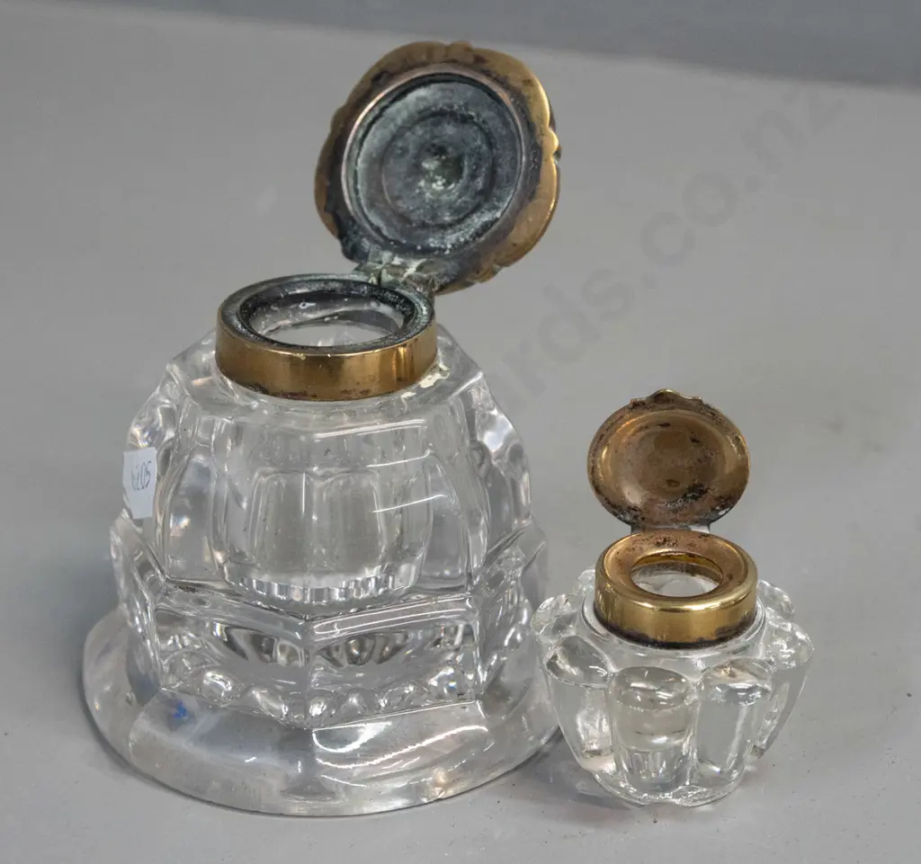 plated chamber stick and 2 cut glass inkwells with hinged brass lids. Chamber stick has some wear to plating, one bent Image 1++