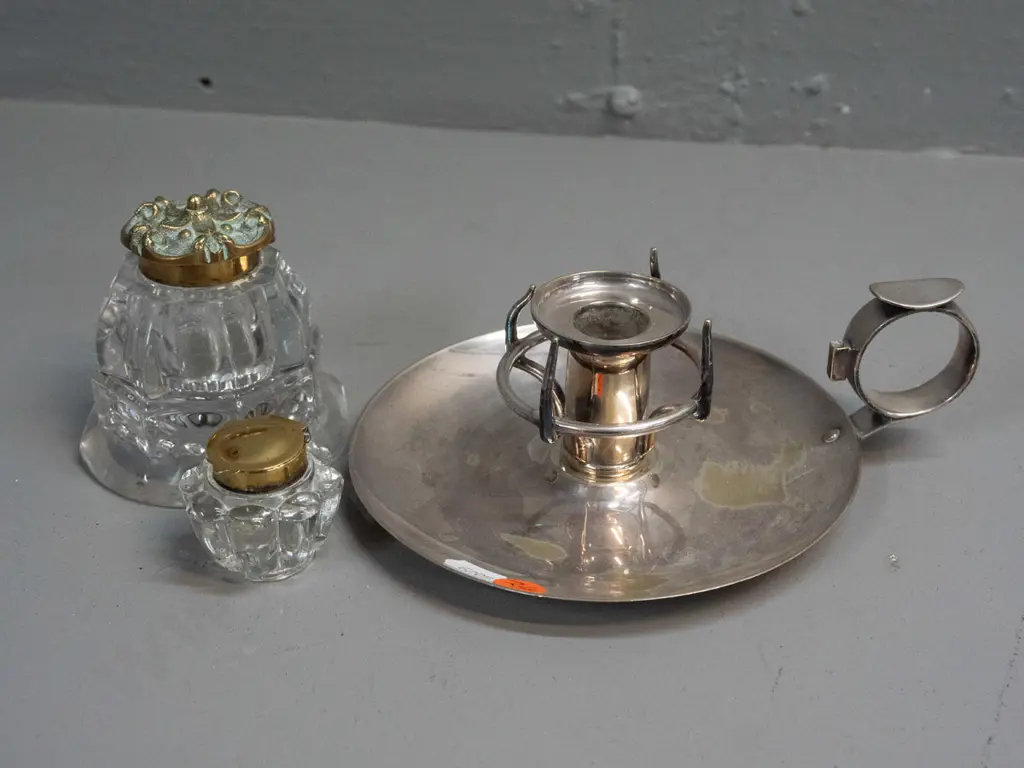 plated chamber stick and 2 cut glass inkwells with hinged brass lids. Chamber stick has some wear to plating, one bent Image 1++