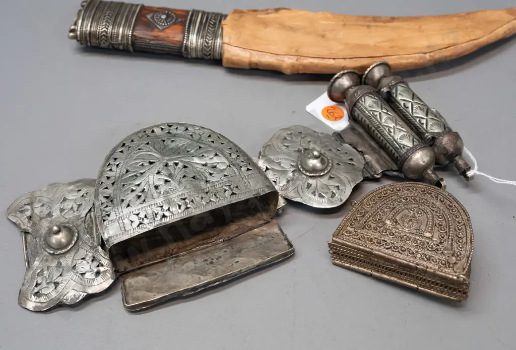 ornate small Jambiya / dagger from Sadaa Yemen - timber handle with metal decoration, inset red stone, leather sheath Image 1++